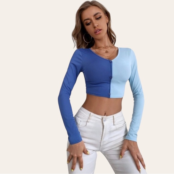 Shein Color Block Rib Knit Crop Tee 💕 - Picture 1 of 6